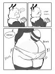 arthropod bee belly big_butt bottomwear bulge butt clothed clothing comic eating eyes_closed food fur hi_res huge_butt hymenopteran insect jonhy_foxy male open_mouth pants simple_background slightly_chubby solo speech_bubble tail text thick_thighs tight_clothing