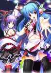  bad_id bad_pixiv_id blue_hair food frills fruit headphones hinanawi_tenshi idol koi_(koisan) microphone multiple_girls music nagae_iku navel peach purple_hair red_eyes shawl singing thighhighs touhou 