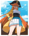  1girl :d ace_attorney athena_cykes bird black_corset blue_bow blue_eyes border bow breasts corset crescent crescent_earrings earrings gumi_(gelatin) hair_between_eyes hair_bow hair_down hand_on_own_hip hat jacket jewelry large_breasts long_hair long_sleeves looking_at_viewer official_alternate_costume official_alternate_hairstyle open_clothes open_jacket open_mouth orange_hair outside_border phoenix_wright:_ace_attorney_-_dual_destinies pirate pirate_hat pleated_skirt shirt skirt smile solo very_long_hair white_border white_shirt white_skirt yellow_jacket 