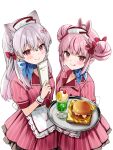 2girls ahoge animal_ears apron bow braid burger buttons cherry_hair_ornament collared_shirt commentary_request double-breasted double_bun employee_uniform food food-themed_hair_ornament frilled_skirt frills grey_hair hair_between_eyes hair_bow hair_bun hair_ornament highres holding holding_menu ice_cream ice_cream_float indie_virtual_youtuber long_hair menu multicolored_hair multiple_girls natsume_eri natsume_eri_(vtuber) pink_hair pink_shirt pink_skirt pinstripe_pattern pinstripe_shirt pinstripe_skirt pleated_skirt puffy_short_sleeves puffy_sleeves rabbit_ears red_bow red_eyes red_hair shirt short_eyebrows short_sleeves simple_background skirt strawberry_hair_ornament streaked_hair thick_eyebrows tomari_mari tray two-tone_hair very_long_hair virtual_youtuber waist_apron white_apron white_background wrist_cuffs 