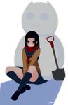  black_eyes black_hair long_hair oboru_konbu original scarf school_uniform shovel skirt smile snowman socks solo 