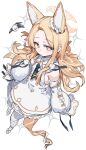  1girl absurdres animal_ear_fluff animal_ears animal_on_shoulder bird bird_on_hand bird_on_shoulder blonde_hair blue_archive blush bow closed_mouth commentary detached_sleeves dress flower fox_ears fox_girl fox_tail hair_flower hair_ornament halo highres long_hair looking_at_viewer ranf seia_(blue_archive) sleeves_past_fingers sleeves_past_wrists solo sparkle tail very_long_hair white_dress white_flower wide_sleeves yellow_eyes 