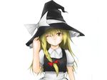  ;o apron blonde_hair blush braid hat hat_tug kirisame_marisa looking_at_viewer one_eye_closed parted_lips puffy_short_sleeves puffy_sleeves short_sleeves simple_background single_braid solo sutagu touhou waist_apron white_background witch_hat 