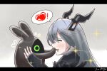  1girl bangboo_(zenless_zone_zero) black_gloves character_name closed_eyes drooling gloves grey_hair heart highres hikariworks11 horns light_blush long_hair mechanical_horns robot speech_bubble spoken_heart sunbringer_(zenless_zone_zero) upper_body zenless_zone_zero 