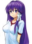 blush breasts clannad fujibayashi_kyou gym_uniform lasterk long_hair medium_breasts purple_eyes purple_hair solo 