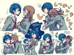  2girls @_@ arms_around_waist bird blue_eyes blue_hair blue_serafuku blue_shirt blue_skirt blush closed_mouth commentary_request hanasato_minori highres hug kani_(kaniya) kiritani_haruka kiss kissing_cheek long_hair long_sleeves multiple_girls neckerchief orange_hair penguin pleated_skirt project_sekai red_neckerchief sailor_collar school_uniform serafuku shirt short_hair simple_background skirt smile speech_bubble sweatdrop translation_request white_sailor_collar yellow_background yuri 
