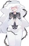  1girl :d alternate_costume bai_(bai2306628053) black_gloves black_shirt blue_eyes breasts bright_pupils colored_eyelashes cowboy_shot dikke_(reverse:1999) fingerless_gloves gloves hands_up heart heart-shaped_pupils highres large_breasts long_hair long_skirt open_mouth own_hands_together palms_together reverse:1999 shirt skirt smile solo symbol-shaped_pupils thorns veil very_long_hair white_hair white_pupils white_skirt white_sleeves white_veil 