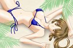  bikini breasts brown_eyes brown_hair inuyasha lapita large_breasts long_hair lying micro_bikini ponytail sand sango side-tie_bikini solo swimsuit 