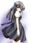  air artist_request black_dress brown_hair dress long_hair puffy_short_sleeves puffy_sleeves red_eyes short_sleeves simple_background solo standing toono_minagi white_background 