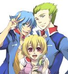  2boys auel_neider blonde_hair blue_hair breasts cleavage fish green_eyes green_hair gundam gundam_seed gundam_seed_destiny jewelry mechi medium_breasts multiple_boys necklace one_eye_closed open_clothes open_shirt purple_eyes shirt short_hair stellar_loussier sting_oakley v 