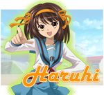  blue_sailor_collar brown_eyes brown_hair hairband kita_high_school_uniform lapita orange_hairband pointing sailor_collar school_uniform serafuku short_hair solo suzumiya_haruhi suzumiya_haruhi_no_yuuutsu 