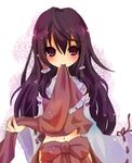  alternate_costume alternate_hairstyle bad_id bad_pixiv_id brown_hair hair_down hakurei_reimu kedama_milk long_hair mouth_hold navel no_hat no_headwear purple_eyes ribbon solo touhou 