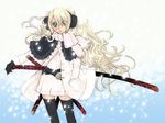  blonde_hair cigarette earmuffs gloves green_eyes katana long_hair nagy original scar scarf smoking snow solo sword thighhighs weapon zettai_ryouiki 