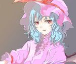  :d bat_wings blush grey_background hat looking_at_viewer mob_cap open_mouth puffy_short_sleeves puffy_sleeves red_eyes remilia_scarlet shippori short_sleeves silver_hair simple_background smile solo touhou wings 