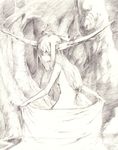  bad_id bad_pixiv_id chomoran greyscale highres horns ibuki_suika long_hair looking_back monochrome solo topless touhou towel 