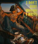  1girl argus_(reverse:1999) bandaged_arm bandages bare_arms black_hat black_shoes blonde_hair blue_pants breasts car_interior car_seat chest_sarashi cowboy_hat denim english_text full_body gusarlol hair_over_one_eye hair_over_shoulder hat hat_feather highres jeans large_breasts left-hand_drive leg_up long_braid navel nipples one_eye_covered pants parted_lips peacock_feathers reverse:1999 sarashi sarashi_pull shoes sitting sitting_sideways solo spread_legs steering_wheel yellow_eyes 