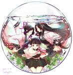  3girls air_bubble artist_name belt black_dress black_hair bubble butterfly_hair_ornament character_request check_copyright closed_eyes closed_mouth commentary_request copyright_request dated dress fishbowl full_body hair_ornament highres holding_hands japanese_clothes kimetsu_no_yaiba kimono kneeling long_hair long_sleeves looking_at_viewer multiple_girls open_clothes open_kimono parted_lips pink_kimono pleated_dress profile purple_eyes seaweed short_hair side_ponytail simple_background tomkureson water white_background wide_sleeves 