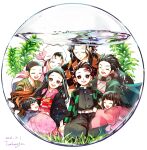  air_bubble artist_name black_hair black_pants bubble character_request child closed_eyes closed_mouth commentary_request dated fishbowl full_body gakuran highres holding_hands japanese_clothes kamado_nezuko kamado_tanjirou kimetsu_no_yaiba kimono kneeling long_hair long_sleeves looking_at_viewer multiple_boys multiple_girls open_mouth pants pink_kimono red_eyes school_uniform seaweed short_hair simple_background smile tomkureson water white_background 