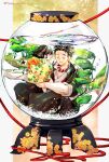  air_bubble black_hair black_kimono blush bubble carrying carrying_person character_request check_copyright child closed_eyes closed_mouth copyright_request crying crying_with_eyes_open fishbowl full_body highres japanese_clothes jewelry kimetsu_no_yaiba kimono necklace open_mouth print_kimono profile red_rope rope screaming seaweed short_hair sitting tears tomkureson twitter_username yellow_kimono 