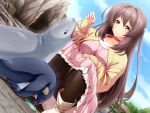  1girl animal bird black_pantyhose blue_sky blush boots brown_eyes brown_hair casual choker day dress dutch_angle eating fish game_cg hair_ornament inoino katsuragi_marina kouyoku_senki_exs-tia large_variant_set long_hair long_sleeves non-web_source official_art outdoors panties panties_under_pantyhose pantyhose pantyshot penguin pink_dress red_choker seal_(animal) sky smile solo squatting underwear variant_set very_long_hair 