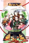  air_bubble black_hair black_pants bubble character_request child closed_eyes closed_mouth commentary_request fishbowl full_body gakuran highres holding_hands japanese_clothes kamado_nezuko kamado_tanjirou kimetsu_no_yaiba kimono kneeling long_hair long_sleeves looking_at_viewer multiple_boys multiple_girls open_mouth pants pink_kimono red_eyes red_rope rope school_uniform seaweed short_hair smile tomkureson twitter_username water 