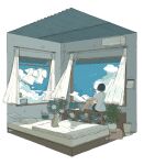  1girl air_conditioner animal barefoot bed black_hair black_shorts blue_sky bowl box cardboard_box cat clothes_hanger cloud commentary_request contrail cup curtains diorama electric_fan fishbowl floating_curtains flying_paper from_behind glass grey_cat hand_on_own_knee hanging_light highres holding holding_cup light_bulb looking_outside ma_(mamamauuuuu) original paper pet pet_bowl pillow plant potted_plant scenery shelf shirt short_hair short_shorts shorts sky solo stool t-shirt trash_can unworn_shirt white_shirt wide_shot wind wind_chime window wooden_stool 