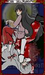  black_hair card_(medium) english fujiwara_no_mokou grey_hair houraisan_kaguya long_hair looking_at_viewer multiple_girls open_mouth red_eyes rotational_symmetry tarot the_moon tori_rui touhou 