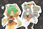  alternate_legwear blush bow caramelldansen dark_skin drill_hair emerada_(xenogears) green_eyes green_hair long_hair maria_balthasar midriff momio multiple_girls scarf silver_hair skirt sweatdrop thighhighs torn_clothes xenogears yellow_bow yellow_eyes zettai_ryouiki 