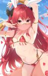  1girl animal_ears arm_behind_head arm_strap armpits arms_up bare_shoulders bikini bow bracelet breasts chain choker commentary_request commission cowboy_shot dancer dungeon_and_fighter fake_animal_ears female_mage_(dungeon_and_fighter) gold_choker gold_trim hair_bow harem_outfit harem_pants highres inari_(inariya) jewelry long_hair looking_at_viewer medium_breasts navel pants pointy_ears rabbit_ears red_bikini red_eyes red_hair revealing_clothes second-party_source see-through_clothes see-through_pants skeb_commission solo stomach string_bikini swimsuit very_long_hair working_slave_(character) 