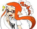  1girl :d colored_tongue commentary_request fangs flat_chest hand_up happy highres inkling inkling_girl inkling_player_character long_hair looking_at_viewer notice_lines open_mouth orange_eyes orange_hair orange_tongue pointy_ears shirt short_sleeves simple_background smile solo speech_bubble splatoon_(series) t-shirt tentacle_hair upper_body v white_background white_shirt zendoundo 