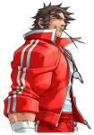  1boy absurdres brown_eyes brown_hair clenched_teeth cropped_legs edaki_shin&#039;ya facial_hair from_side full_body game_cg glaring half-closed_eyes highres jacket justice_gakuen male_focus moero!_justice_gakuen mutton_chops nekketsu_hayato non-web_source official_art open_clothes open_jacket shoes simple_background sleeves_rolled_up solo teeth thick_eyebrows track_jacket whistle whistle_around_neck white_background wrist_wrap 