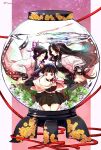  3girls air_bubble belt black_dress black_hair bubble butterfly_hair_ornament character_request check_copyright closed_eyes closed_mouth commentary_request copyright_request dress fishbowl full_body hair_ornament highres holding_hands japanese_clothes kimetsu_no_yaiba kimono kneeling long_hair long_sleeves looking_at_viewer multiple_girls open_clothes open_kimono parted_lips pink_kimono pleated_dress profile purple_eyes red_rope rope seaweed short_hair side_ponytail tomkureson twitter_username water wide_sleeves 