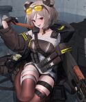 1girl black_gloves box breasts brown_hair brown_thighhighs bullpup commentary commission double_bun english_commentary gas_mask girls&#039;_frontline gloves gun hair_bun highres holding holding_gun holding_magazine_(weapon) holding_weapon indoors looking_at_viewer magazine_(weapon) mask open_mouth p90 p90_(girls&#039;_frontline) partially_fingerless_gloves red_eyes smile solo sthk submachine_gun teeth thighhighs tongue tongue_out weapon 