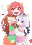  3girls aqua_shirt artist_name blue_bow blue_eyes blue_hairband bohegao bow bow_hairband brown_hair capelet cardigan curled_horns demon_girl demon_horns fang flower gradient_hair group_hug hair_bobbles hair_bow hair_flower hair_ornament hairband horns hug ilulu_(maidragon) kanna_kamui kobayashi-san_chi_no_maidragon long_hair looking_at_viewer low_twintails multicolored_hair multiple_girls open_mouth orange_skirt pink_cardigan pink_eyes pink_hair pointy_ears purple_hair saikawa_riko shirt skirt smile tabayan_jigokuhen thighhighs twintails two-tone_hair very_long_hair watermark white_background white_capelet white_hair white_skirt white_thighhighs yellow_horns 