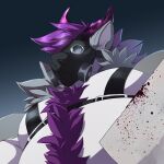 1:1 anthro black_harness blood bodily_fluids bust_portrait chest_tuft fur gas_mask gradient_background grey_body grey_fur hair harness holding_object holding_weapon horn lesterhusky male mask overweight overweight_anthro overweight_male portrait purple_hair purple_horn simple_background solaxe_(artist) solo tuft weapon wearing_mask white_body white_fur