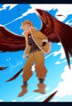  1boy belt black_belt black_shirt black_socks blonde_hair blue_sky blue_visor blurry boku_no_hero_academia boots buttons character_name closed_mouth cloud commentary_request depth_of_field facial_hair feathers flying full_body fur-trimmed_jacket fur_trim goatee_stubble hand_in_pocket hawks_(boku_no_hero_academia) headphones hi-fi_(fijazzy) high_collar highres holding holding_feather holding_weapon jacket letterboxed looking_ahead male_focus midair open_clothes open_jacket oversized_object pants red_feathers red_wings shirt short_hair sky smile socks solo sparse_stubble spread_wings stubble weapon wings yellow_boots yellow_eyes yellow_jacket yellow_pants 