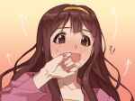  !? 1girl arrow_(symbol) blush brown_eyes brown_hair embarrassed gradient_background hairband hand_up hano9789 idolmaster idolmaster_million_live! jacket long_hair long_sleeves open_mouth pink_jacket portrait solo tanaka_kotoha yellow_hairband 