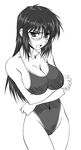  blush breasts cleavage covered_nipples crossed_arms glasses greyscale large_breasts long_hair monochrome non-web_source one-piece_swimsuit open_mouth solo swimsuit tsuyokiss yashi_nagomi 
