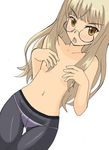  angry blonde_hair blush breast_grab breasts brown_eyes crotch_seam dutch_angle glasses grabbing long_hair non-web_source panties panties_under_pantyhose pantyhose perrine_h_clostermann small_breasts solo strike_witches thigh_gap topless underwear world_witches_series 