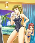  bikini black_school_swimsuit copyright_request fitting_room green_hair hajime_(caramel_toone) multiple_girls one-piece_swimsuit red_eyes red_hair school_swimsuit short_hair swimsuit yellow_eyes 