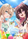  +_+ 2girls absurdres azki_(hololive) black_hair blonde_hair blue_eyes cherry colored_inner_hair elfriend_(shiranui_flare) eyewear_on_head food fruit ganmo_(takane_lui) heart heart-shaped_eyewear highres holding holding_spoon hololive kaigan kazama_iroha kintoki_(sakura_miko) multicolored_hair multiple_girls nekko_(momosuzu_nene) parfait pekomon_(usada_pekora) pink_hair ponytail purple_eyes spoon ssrb_(shishiro_botan) swimsuit virtual_youtuber watamate yukimin_(yukihana_lamy) 