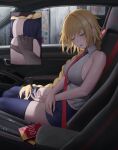  1boy 1girl armpit_crease backless_outfit backless_shirt bare_arms bare_shoulders black_bow black_necktie blonde_hair blue_shorts blue_thighhighs bow braid braided_ponytail breasts car_interior car_seat closed_eyes collared_shirt condom_box crossed_wrists dot_nose fate_(series) hair_behind_ear hair_bow hand_on_another&#039;s_thigh head_tilt highres jeanne_d&#039;arc_(fate) jeanne_d&#039;arc_(girl_from_orleans)_(fate) large_breasts legs_together light_blush long_braid long_hair mizoshi-x multiple_views necktie okamoto_condoms parted_lips rain seatbelt shirt short_shorts shorts sideboob single_braid sitting sleeping sleeping_upright sleeveless sleeveless_shirt solo_focus thighhighs vehicle_interior very_long_hair white_shirt 
