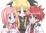  2girls blonde_hair blue_eyes bow caro_ru_lushe erio_mondial fate_testarossa hair_ribbon lyrical_nanoha mahou_shoujo_lyrical_nanoha_strikers multiple_girls pink_bow pink_hair red_eyes red_hair ribbon sakuramori_sumomo 