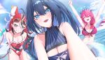  3girls :d absurdres ahoge animal_ears armpits arms_behind_back arms_up ass_visible_through_thighs bikini black_bikini black_collar black_hair blue_eyes blue_hair blue_one-piece_swimsuit blue_sky bow breasts casual_one-piece_swimsuit cleavage cleavage_cutout closed_eyes clothing_cutout cloud collar colored_tips commentary crystal_wings day dice_hair_ornament double-parted_bangs double_halo english_commentary eyewear_on_head fang frilled_one-piece_swimsuit frills front-tie_bikini_top front-tie_top grin hair_between_eyes hair_ornament hair_over_shoulder hakos_baelz hakos_baelz_(holonatsu_paradise) halo highres hololive hololive_english holonatsu_paradise holopromise irys_(hololive) irys_(holonatsu_paradise)_(hololive) jewelry large_breasts layered_bikini long_hair looking_at_viewer low_side_ponytail medium_breasts mouse_ears mouse_girl mouse_tail multicolored_hair multiple_girls navel necklace ocean official_alternate_costume official_alternate_hairstyle one-piece_swimsuit ouro_kronii ouro_kronii_(holonatsu_paradise) outdoors outstretched_arms pink_bikini pointy_ears ponytail purple_hair reaching reaching_towards_viewer rectangular_eyewear red_hair red_one-piece_swimsuit side-tie_one-piece_swimsuit skin_fang sky smile spiked_collar spikes star_halo stomach streaked_hair sunglasses swim_ring swimsuit tail tail_bow tail_ornament virtual_youtuber white_hair wings yellow-framed_eyewear yoellim5 