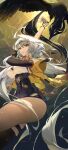  1girl absurdres arm_up asymmetrical_gloves bird black_bird black_unitard commentary elbow_gloves from_below gloves grey_hair high-waist_shorts highres jacket long_hair ninebell shorts single_elbow_glove single_hair_intake single_thighhigh skindentation solo thigh_strap thighhighs thighs uneven_gloves very_long_hair yellow_eyes yellow_jacket yin_yang_pin yixuan_(zenless_zone_zero) zenless_zone_zero 
