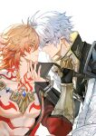  2boys antenna_hair armor black_choker braid choker coat facial_tattoo grey_hair hand_up highres honkai:_star_rail honkai_(series) looking_at_another male_focus medium_hair multiple_boys muscular muscular_male mydei_(honkai:_star_rail) orange_hair parted_lips pauldrons phainon_(honkai:_star_rail) qiaose33912 red_tattoo short_hair shoulder_armor simple_background single_braid single_pauldron smile tattoo teeth upper_body watermark white_background white_coat yaoi 