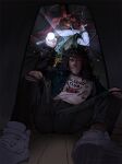  2022 2boys artist_name baseball_cap black_hair broken_glass broken_mirror character_request denim english_text glass hat highres jacket jeans lantern mind_break mirror monster multiple_boys pants scared sevvanto stranger_things symbolism tentacles vest wooden_floor 