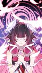  1girl absurdres bad_source bandages bare_shoulders bird black_hair blunt_bangs closed_eyes closed_mouth columbina_(genshin_impact) eye_mask facing_viewer feathers genshin_impact hair_ornament hands_on_own_chest head_wings highres long_hair low-tied_sidelocks mask multicolored_hair own_hands_together pink_hair ribbon sidelocks sleeveless smile solo suzhigao_youcuoma two-tone_hair upper_body white_mask white_ribbon wing_hair_ornament wings 