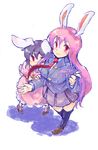  animal_ears black_hair blush bunny_ears carrot_necklace hiding inaba_tewi long_hair long_sleeves looking_at_viewer multiple_girls pink_hair pleated_skirt puffy_short_sleeves puffy_sleeves purple_skirt red_eyes reisen_udongein_inaba rotan short_sleeves skirt standing thighhighs touhou very_long_hair zettai_ryouiki 