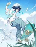  1boy absurdres alternate_costume aqua_hair baseball_cap belt bird black_hair blue_hair blue_sky braid cloud cloudy_sky day drink full_body genshin_impact goh3143704 gradient_hair grass green_eyes grin hair_ornament hat highres holding hood hood_down hoodie jacket looking_at_viewer male_focus multicolored_hair outdoors pants procreate_(medium) shoes short_hair_with_long_locks short_sleeves sidelocks skateboard sky smile sneakers solo twin_braids venti_(genshin_impact) 